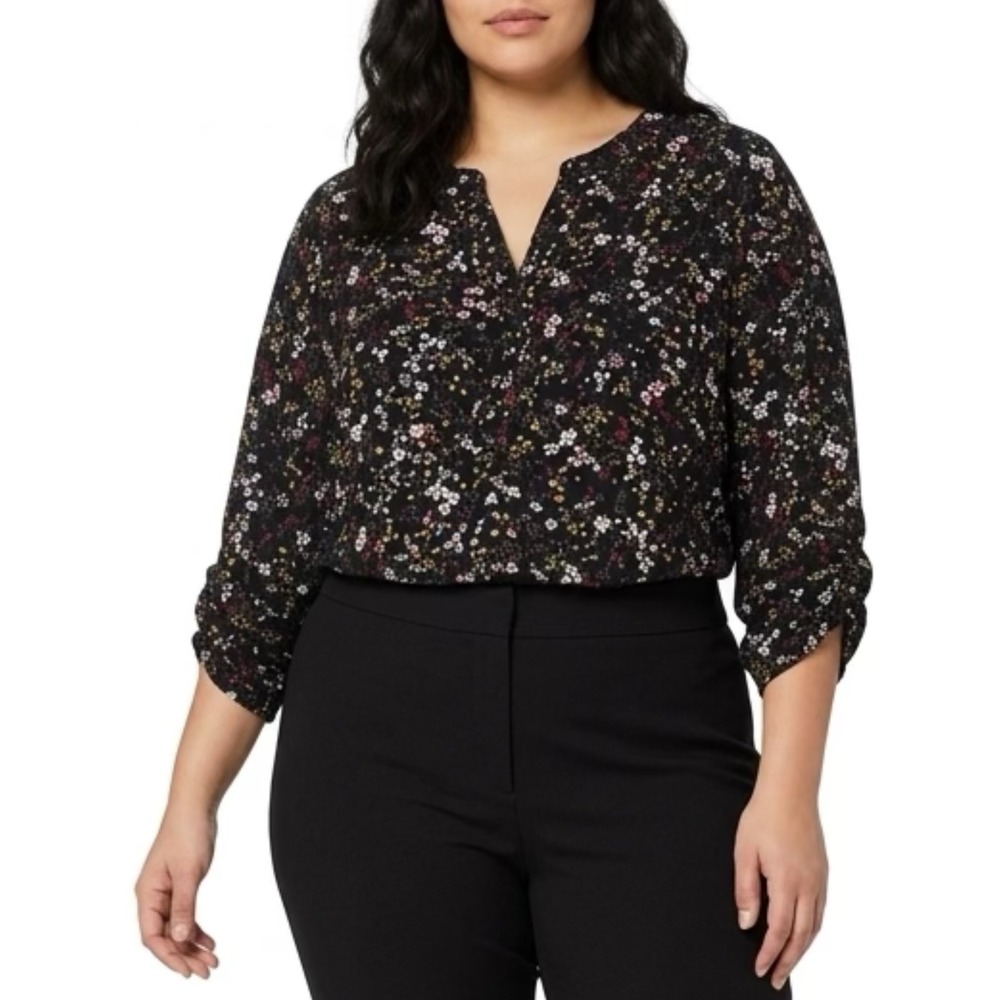 In Every Story Black Floral Button Front Roll Tab Sleeve Blouse Plus Size
